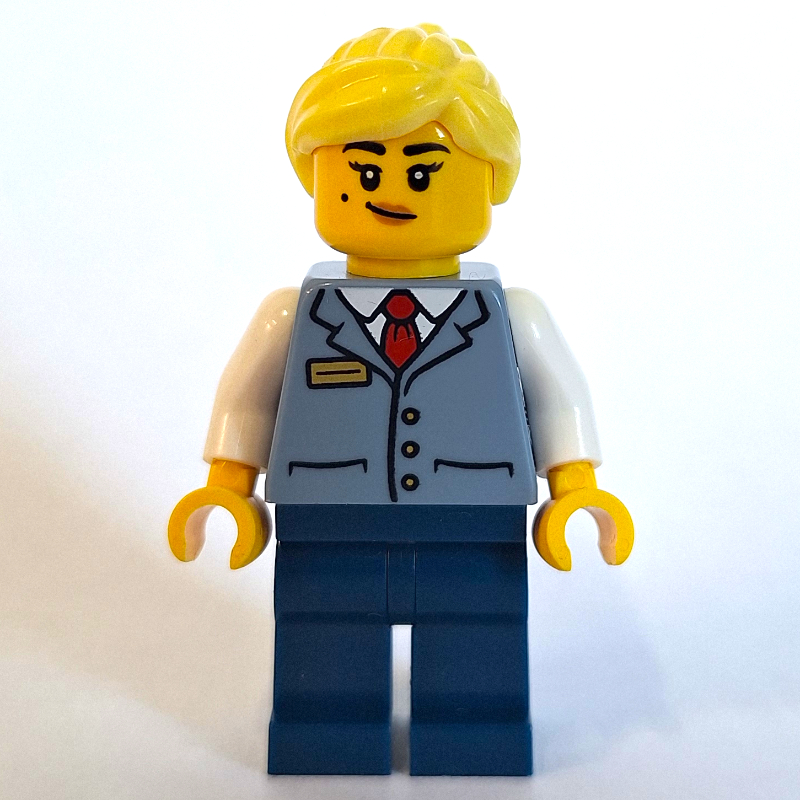 Conducteur de train, gilet bleu sable, jambes bleu foncé, cheveux jaune clair lumineux (Train Conductor, Sand Blue Vest, Dark Blue Legs, Bright Light Yellow Hair)