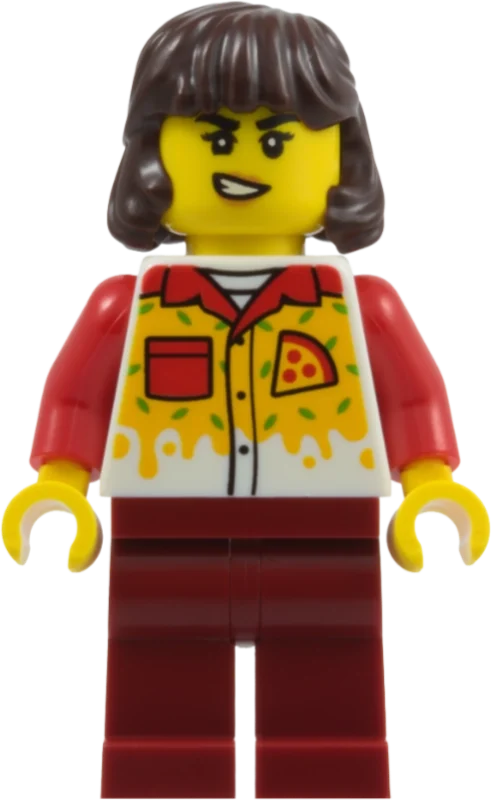 Travailleur de pizza, jambes rouge foncé, cheveux brun foncé (Pizza Worker, Dark Red Legs, Dark Brown Hair)