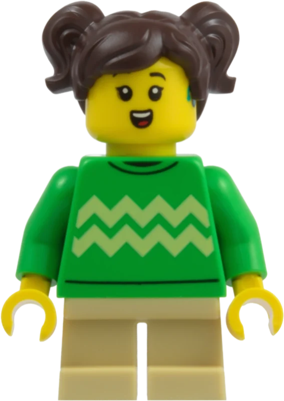 Fille, pull vert vif, jambes courtes beige, cheveux brun foncé (Girl, Bright Green Sweater, Tan Short Legs, Dark Brown Hair)