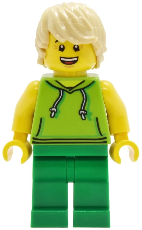 Homme, sweat à capuche vert citron, jambes vertes, cheveux beige (Man, Lime Hoodie, Green Legs, Tan Hair)