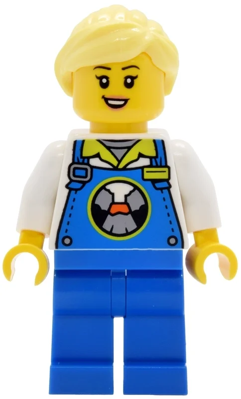 Travailleur de montagnes russes, salopette bleue, cheveux jaune clair vif (Rollercoaster Worker, Blue Overalls, Bright Light Yellow Hair)