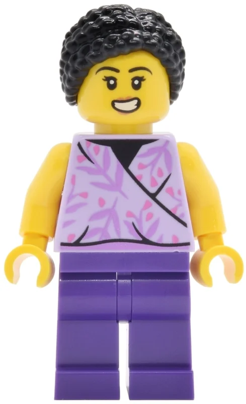 Femme, lavendar haut, jambes violet foncé, cheveux noirs (Woman, Lavendar Top, Dark Purple Legs, Black Hair)