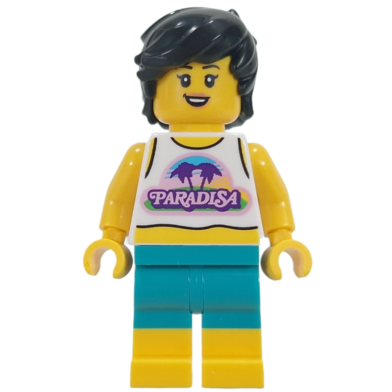 Femme, gilet blanc, short turquoise foncé, cheveux noirs (Woman, White Vest, Dark Turquoise Shorts, Black Hair)