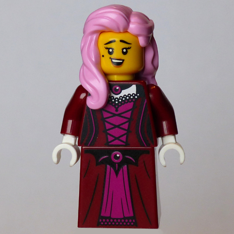 Dame, robe rouge foncé, cheveux rose vif (Lady, Dark Red Dress, Bright Pink Hair)