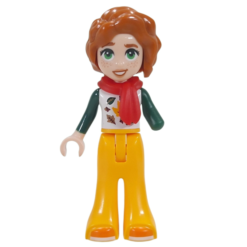 Autumn, torse blanc, pantalon orange clair vif, écharpe rouge (Autumn, White Torso, Bright Light Orange Pants, Red Scarf)