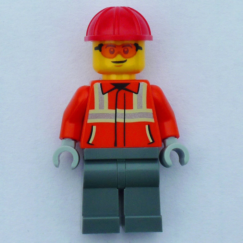 Travailleur de la construction, veste orange rougeâtre, casque de chantier rouge (Construction Worker, Reddish Orange Jacket, Red Hard Hat)