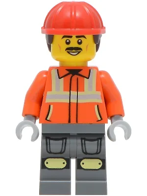 Ouvrier de chantier, chemise orange foncé, jambes gris bleuté foncé, casque de chantier rouge avec cheveux courts (Construction Worker, Dark Orange Shirt, Dark Bluish Gray Legs, Red Hard Hat with Short Hair)