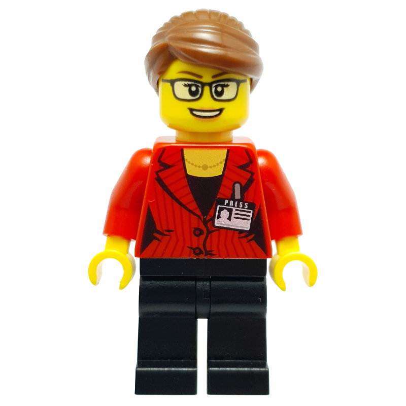 Femme, veste rouge, jambes noires, cheveux brun rougeâtre. badge de presse (Woman, Red Jacket, Black Legs, Reddish Brown Hair. Press Badge)