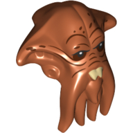 Tête de minifigurine spéciale, quarteren avec yeux noirs, pupilles blanches, lignes brun rougeâtre, motif : dents beiges (Minifig Head Special, Quarren with Black Eyes, White Pupils, Reddish Brown Lines, Tan Teeth Print)