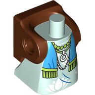Torse avec robe, sac à dos brun rougeâtre, pas de bras, écharpe azur foncé et vert citron, motif imprimé collier blanc (Torso with Dress, Reddish Brown Backpack, No Arms, Dark Azure/Lime Scarf, White Necklace Print)