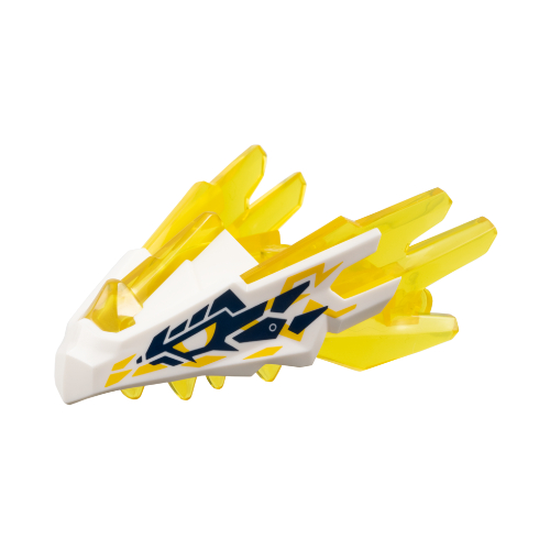 Visuel indicatif Rebrickable de Partie du corps de la créature, tête de dragon avec pointes avec motif transparent-Jaune et motif imprimé Marquages bleu foncé / or (Creature Body Part, Dragon Head Upper Jaw with Spikes with Trans-Yellow Pattern and Dark Blue/Gold Markings Print)