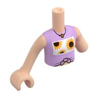 Torse de mini-poupée, réduction de membre gauche avec dessus rose vif, tournesols, motif imprimé collier rouge foncé, bras et main de nougat clair (Minidoll Torso, Left Limb Reduction with Bright Pink Top, Sunflowers, Dark Red Necklace Print, Light Nougat Arms and Hand)