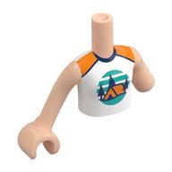 Torse de mini-poupée, Réduction des membres gauches avec tente orange, arbres bleu foncé, ciel turquoise foncé, motif imprimé au sol, bras et main de nougat clair (Minidoll Torso, Left Limb Reduction with Orange Tent, Dark Blue Trees, Dark Turquoise Sky, Ground Print, Light Nougat Arms and Hand)