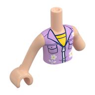 Torse de mini-poupée, réduction de membre gauche avec veste rose vif, fermeture à glissière blanche, fleurs, motif imprimé chemise jaune, bras et main de nougat clair (Minidoll Torso, Left Limb Reduction with Bright Pink Jacket, White Zipper, Flowers, Yellow Shirt Print, Light Nougat Arms and Hand)