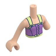 Torse de mini-poupée, Réduction des membres gauches avec robe lavande, sangles vert jaunâtre, motif imprimé ceinture, bras et main de nougat clair (Minidoll Torso, Left Limb Reduction with Lavender Dress, Yellowish Green Straps, Belt Print, Light Nougat Arms and Hand)