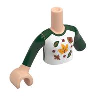 Visuel indicatif Rebrickable de Torse de mini-poupée, Réduction des membres gauches avec chemise blanche, manches vert foncé, motif imprimé feuilles, bras vert foncé, main de nougat clair (Minidoll Torso, Left Limb Reduction with White Shirt, Dark Green Sleeves, Leaves Print, Dark Green Arms, Light Nougat Hand)