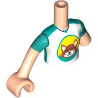 Visuel indicatif Rebrickable de Torse de mini-poupée, Réduction des membres gauches avec chemise Turquoise blanche / foncée, Fox sur fond orange clair, Nougat clair bras et main (Minidoll Torso, Left Limb Reduction with White/Dark Turquoise Shirt, Fox on Bright Light Orange Background Print, Light Nougat Arms and Hand)