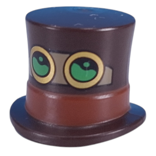 Chapeau haut de forme avec bande brun rougeâtre, bracelet beige foncé, lunettes d'or, motif imprimé en verre vert vif (Top Hat with Reddish Brown Band, Dark Tan Strap, Gold Goggles, Bright Green Glass Print)