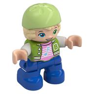 Visuel indicatif Rebrickable de Duplo figurine Enfant avec cheveux et casque de vélo vert jaunâtre, jambes bleues, veste, musique Note motif imprimé (Duplo Figure Child with Hair and Bike Helmet Yellowish Green, Blue Legs, Jacket, Music Note Print)