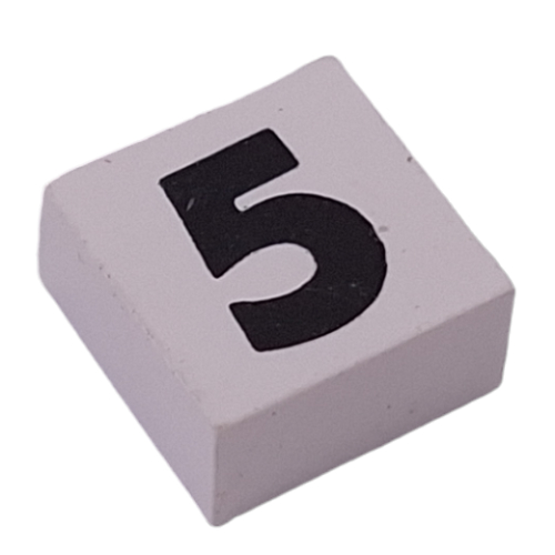 Visuel indicatif Rebrickable de Modulex tuile 2 x 2 avec motif imprimé noir '5', doublure intérieure noire, point blanc (Modulex Tile 2 x 2 with Black '5' Print, Black Internal Lining, White Dot)