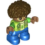 Visuel indicatif Rebrickable de Figurine Duplo enfant, afro brun foncé, jambes bleues, punaise verte sur chemise, lunettes jaune clair vif motif imprimé (Duplo Figure Child, Afro Dark Brown, Blue Legs, Green Bug on Shirt, Bright Light Yellow Glasses Print)