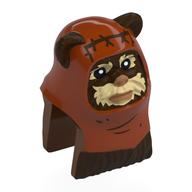 Tête de minifigurine spéciale, ewok avec capuche orange foncée moulée et peinture pour le visage beige, coutures et plis motif imprimé (verre) (Minifig Head Special, Ewok with Molded Dark Orange Hood and Tan Face Paint, Stitches and Creases Print (Wicket))