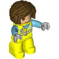 Visuel indicatif Rebrickable de Figurine Duplo aux cheveux bouclés brun foncé, combinaison de sécurité jaune vif avec badge id et motif imprimé symbole de recyclage (Duplo Figure with Curly Hair Dark Brown, Vibrant Yellow Safety Suit with ID Badge and Recycling Symbol Print)