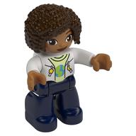 Visuel indicatif Rebrickable de Figurine Duplo avec des cheveux bouclés brun foncé, jambes bleu foncé, veste sur le motif imprimé chemise vert jaunâtre (Duplo Figure with Curly Hair Dark Brown, Dark Blue Legs, Jacket over Yellowish Green Shirt Print)