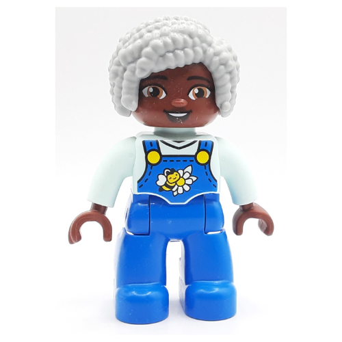 Visuel indicatif Rebrickable de Figurine Duplo avec cheveux bouclés gris bleuté clair, bleu général, fleurs, motif imprimé abeille (Duplo Figure with Curly Hair Light Bluish Grey, Blue Overall, Flowers, Bee Print)