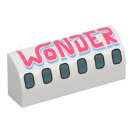 Visuel indicatif Rebrickable de Brique courbée 1 x 4 x 1 1/3 sans tenons avec fenêtres d'avion, motif imprimé corail 'WONDER' (Brick Curved 1 x 4 x 1 1/3 No Studs with Airplane Windows, Coral 'WONDER' Print)