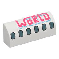Visuel indicatif Rebrickable de Brique courbée 1 x 4 x 1 1/3 sans tenons avec fenêtres d'avion, motif imprimé corail 'WORLD' (Brick Curved 1 x 4 x 1 1/3 No Studs with Airplane Windows, Coral 'WORLD' Print)