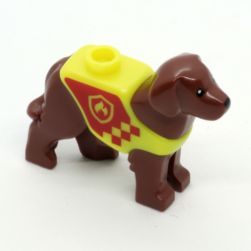 Visuel indicatif Rebrickable de Animal, chien, debout avec gilet jaune, rouge pompiers motif imprimé (Animal, Dog, Standing with Yellow Vest, Red Fire Fighters Print)