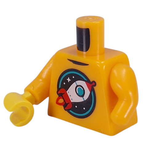 Torse, fusée rétro sur fond noir, étoile, motif imprimé cercle turquoise foncé, réduction de membre gauche, bras orange clair lumineux, main jaune (Torso, Retro Rocket on Black Background, Star, Dark Turquoise Circle Print, Left Limb Reduction, Bright Light Orange Arms, Yellow Hand)