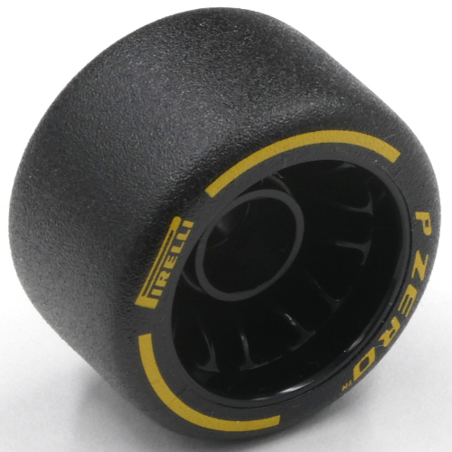 Visuel indicatif Rebrickable de Jante de roue 24 x 14,9 de grand avec pneu Slick noir avec motif imprimé jaune 'PIRELLI' (Wheel Rim 24 x 14.9 Wide with Black Slick Tyre with Yellow 'PIRELLI' Print)