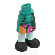 Visuel indicatif Rebrickable de Jupe mi-longue aux bassin et aux chevilles en vert d’eau clair avec bottes noires, motif imprimé patchs gris foncé/rose foncé/orange (Minidoll Hips and Mid-Length Skirt with Ankles Light Aqua with Black Boots, Dark Gree/Dark Pink/Orange Patches Print)