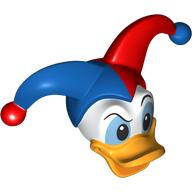 Tête de minifigurine spéciale, canard avec motif imprimé chapeau de bouffon rouge et bleu (donald) (Minifig Head Special, Duck with Red and Blue Jester Hat Print (Donald))