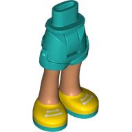 Mini poupée bassin et short avec jambes nougat et chaussures jaunes, lacets blancs, semelles turquoise foncé imprimé (Minidoll Hips and Shorts with Nougat Legs and Yellow Shoes, White Laces, Dark Turquoise Soles Print)