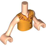 Torse de mini-poupée Garçon avec veste orange sans manches avec elfes rouges foncés Détails imprimé, bras et mains nougat clair (Minidoll Torso Boy with Orange Sleeveless Jacket with Dark Red Elves Details Print, Light Nougat Arms and Hands)