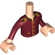 Visuel indicatif Rebrickable de Torse de mini-poupée Garçon avec veste Bellboy rouge foncé et motif imprimé à manches longues, bras et mains nougat clair (Minidoll Torso Boy with Dark Red Bellboy Jacket and Long Sleeves Print, Light Nougat Arms and Hands)