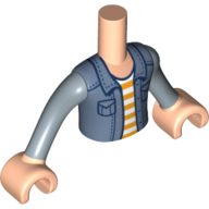 Visuel indicatif Rebrickable de Mini-poupée torse garçon avec veste bleu sable, blanc/orange rayures chemise motif imprimé, mains nougat clair (Minidoll Torso Boy with Sand Blue Jacket, White/Orange Stripes Shirt Print, Light Nougat Hands)