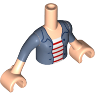 Visuel indicatif Rebrickable de Mini-poupée torse garçon avec veste bleu sable sur chemise blanche avec 5 rayures magenta, et manches bleu sable motif imprimé, bras et mains nougat clair (Minidoll Torso Boy with Sand Blue Jacket over White Shirt with 5 Magenta Stripes, and Sand Blue Sleeves Print, Light Nougat Arms and Hands)