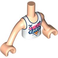 Visuel indicatif Rebrickable de Torse de mini-poupée Garçon avec chemise blanche, garniture bleu foncé, symboles, palmiers sur fond corail motif imprimé, bras et mains nougat clair (Minidoll Torso Boy with White Shirt, Dark Blue Trim, Symbols, Palm Trees on Coral Background Print, Light Nougat Arms and Hands)