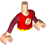 Torse de mini-poupée Garçon avec chemise rouge, éclair jaune en cercle blanc et motif imprimé manches rouge foncé (Le Flash), bras et mains nougat clair (Minidoll Torso Boy with Red Shirt, Yellow Lightning in White Circle, and Dark Red Sleeves Print (The Flash), Light Nougat Arms and Hands)