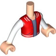 Visuel indicatif Rebrickable de Torse de mini-poupée Garçon avec veste rouge, manches blanches, motif imprimé chemise bleu sable, bras et mains nougat clair (Minidoll Torso Boy with Red Jacket, White Sleeves, Sand Blue Shirt Print, Light Nougat Arms and Hands)