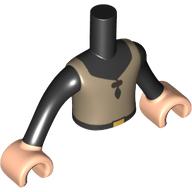 Visuel indicatif Rebrickable de Torse de mini-poupée Garçon avec gilet noir, chemise noire/ceinture motif imprimé, bras et mains nougat clair (Minidoll Torso Boy with Dark Tan Vest, Black Shirt/Belt Print, Light Nougat Arms and Hands)