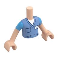 Visuel indicatif Rebrickable de Torse de mini-poupée Garçon avec chemise à col en V bleu moyen, garniture bleu foncé, poche, fermetures à glissière, motif imprimé ID Badge, bras et mains nougat clair (Minidoll Torso Boy with Medium Blue V-Neck Shirt, Dark Blue Trim, Pocket, Zippers, ID Badge Print, Light Nougat Arms and Hands)