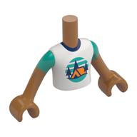 Visuel indicatif Rebrickable de Torse de mini-poupée Garçon avec tente orange, arbres bleu foncé, ciel turquoise foncé, motif imprimé au sol, bras et mains nougat moyen (Minidoll Torso Boy with Orange Tent, Dark Blue Trees, Dark Turquoise Sky, Ground Print, Medium Nougat Arms and Hands)
