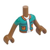 Visuel indicatif Rebrickable de Torse de mini-poupée Garçon avec veste turquoise foncée, garniture orange, poches, motif imprimé chemise blanche, bras et mains nougat moyen (Minidoll Torso Boy with Dark Turquoise Jacket, Orange Trim, Pockets, White Shirt Print, Medium Nougat Arms and Hands)