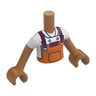 Torse de mini-poupée Garçon avec tablier orange rougeâtre, sangle rouge foncé, motif : chemise blanche, bras et mains nougat moyen (Minidoll Torso Boy with Reddish Orange Apron, Dark Red Strap, White Shirt Print, Medium Nougat Arms and Hands)