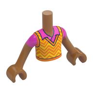 Visuel indicatif Rebrickable de Torse de mini-poupée Garçon avec pull orange clair lumineux, rayures orange Zigzag, motif imprimé chemise rose foncé, bras et mains nougat moyen (Minidoll Torso Boy with Bright Light Orange Sweater, Orange Zigzag Stripes, Dark Pink Shirt Print, Medium Nougat Arms and Hands)